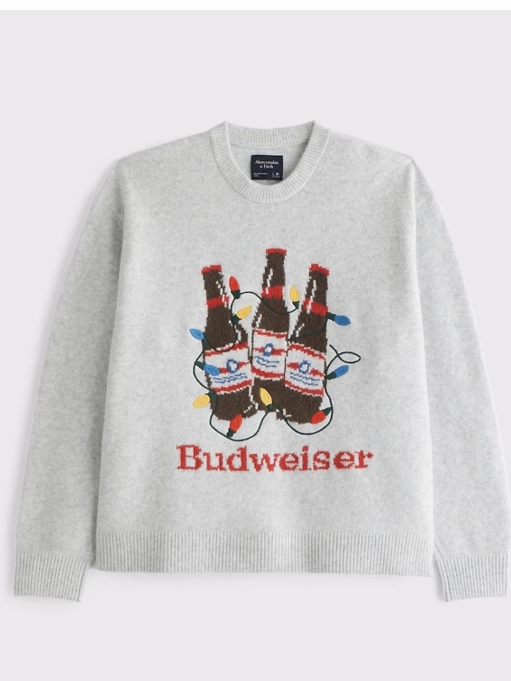 Budweiser Light Gray Crewneck Sweater with Holiday Bottle Graphic